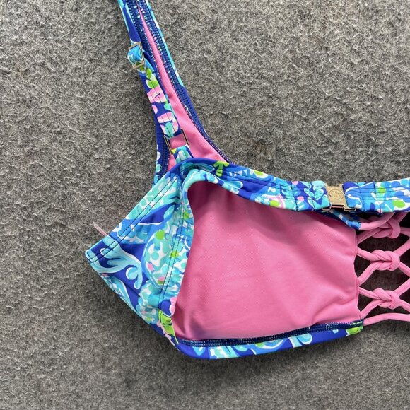 Lilly Pulitzer Bikini Top Womens 14 Blue Floral Lace Up Adjustable Straps Swim - Picture 8 of 11
